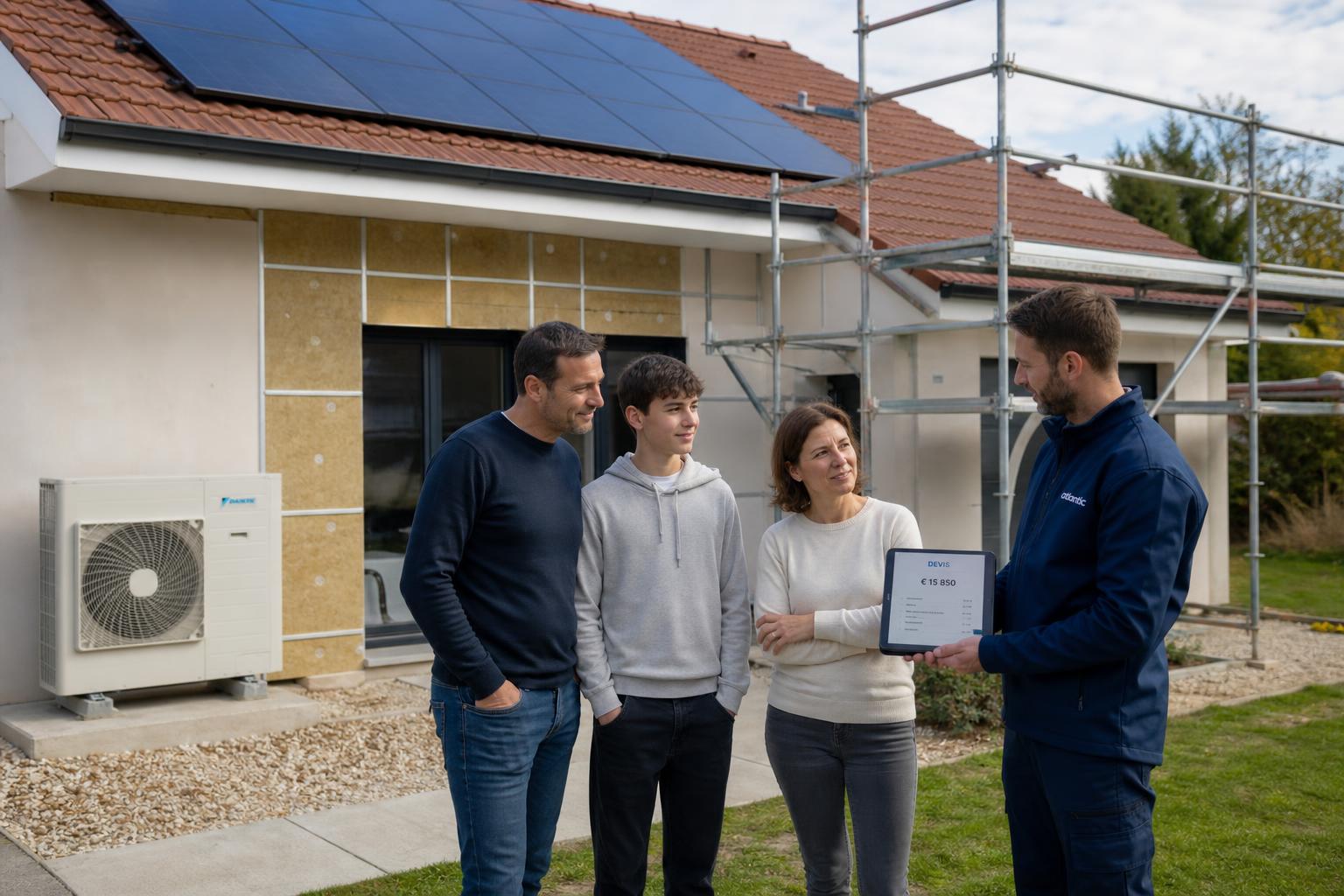 Famille propriétaire devant sa maison rénovée avec pompe à chaleur, panneaux photovoltaïques et isolation extérieure
